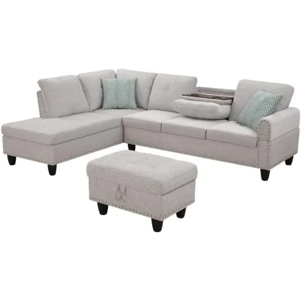 Furniture Polyester Fabric Sectional Sofa With Ottoman-Light Gray Living Room Home