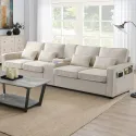 Sectional Sofa with Storage Device, Cup Holder, Double USB Port Linen Cushion Sofa for Apartment Living Room Set