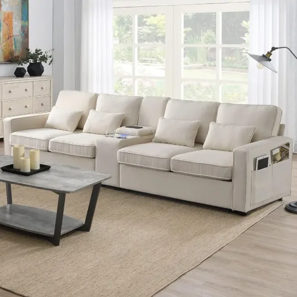 Sectional Sofa with Storage Device, Cup Holder, Double USB Port Linen Cushion Sofa for Apartment Living Room Set