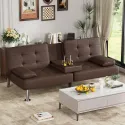 Leather Upholstered Modern Convertible Folding Futon Sofa Bed with Removable ArmrestsAdjustable Recliner Couch Bed Loveseat