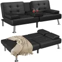 Leather Upholstered Modern Convertible Folding Futon Sofa Bed with Removable ArmrestsAdjustable Recliner Couch Bed Loveseat