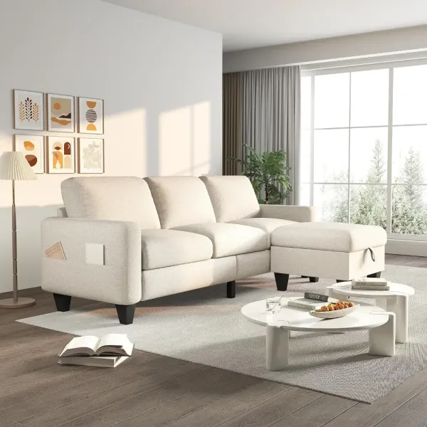 Living Room Sofa,Beige Linen Modern 3 Seater L Shaped Upholstered Furniture,Reversible Footrest with Storage Sofa