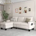 Living Room Sofa,Beige Linen Modern 3 Seater L Shaped Upholstered Furniture,Reversible Footrest with Storage Sofa