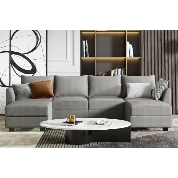 Shaped Couch with Storage, Modular Sectional Sofa for Living Room, Grey