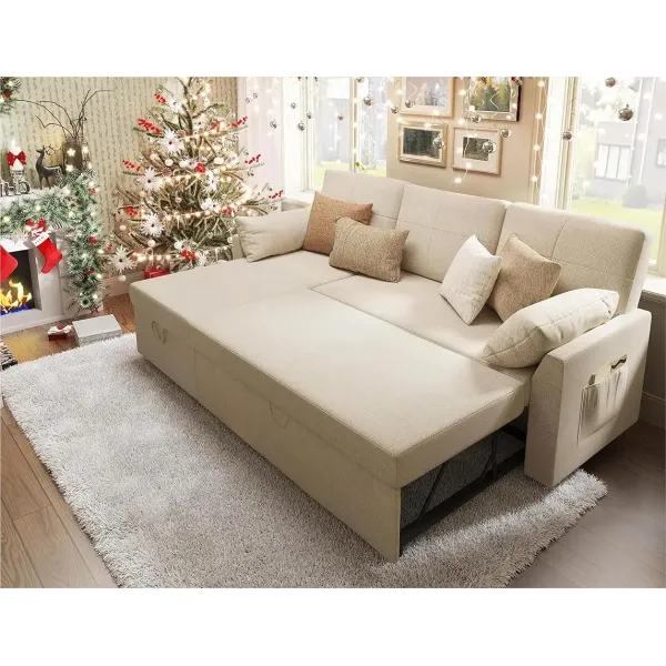 Sleeper Sofa, Sofa Bed- 2 in 1 Pull Out Couch Bed with Storage Chaise for Living Room, Beige Chenille Couch