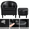 Barrel Accent Chair with Ottoman, Black Faux Leather lounge chair sofa set living room furniture