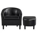 Barrel Accent Chair with Ottoman, Black Faux Leather lounge chair sofa set living room furniture