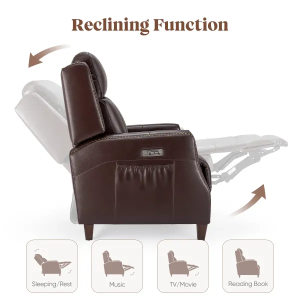 Genuine Leather Power Recliner Chair with Double Layer Backrest Rivet Decoration USB Type-C Charging Living Room Recliner Chair