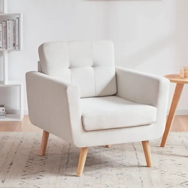 Linen Upholstery Chair, Mid-Century Modern Living Room Armchair, Bedroom Button Tufted Upholstered Chair