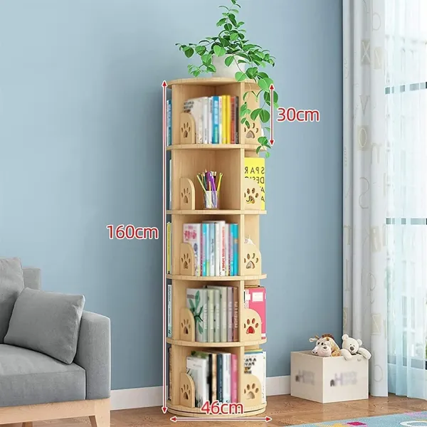 Rotating Solid Wooden Bookshelf Children 360° Rotating Bookcase 2/3/4/5 Layers Storage Locker Cat Pattern Family Book Corner