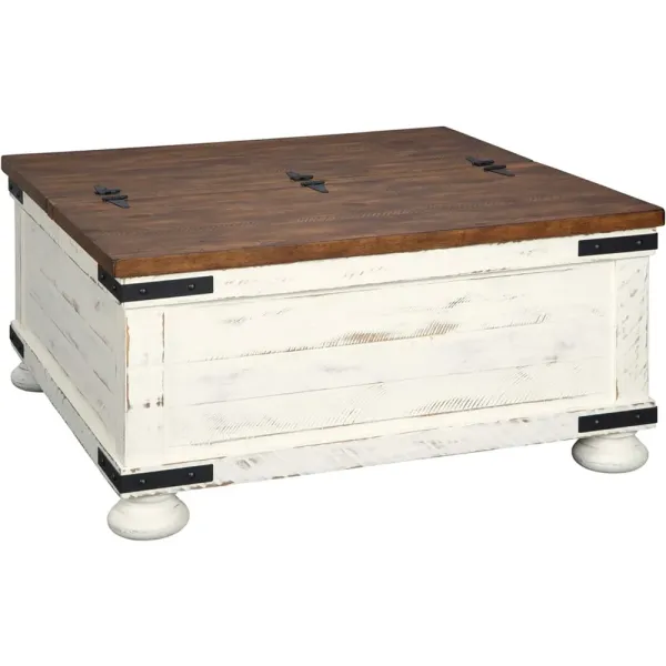 Farmhouse Square Storage Coffee Table with Hinged Lift Top, Distressed White