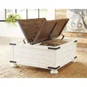 Farmhouse Square Storage Coffee Table with Hinged Lift Top, Distressed White